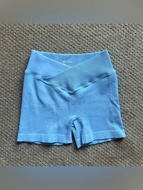 OQQ Yoga Shorts Ribbed Seamless High Waist Cross Over Blue Size: Medium